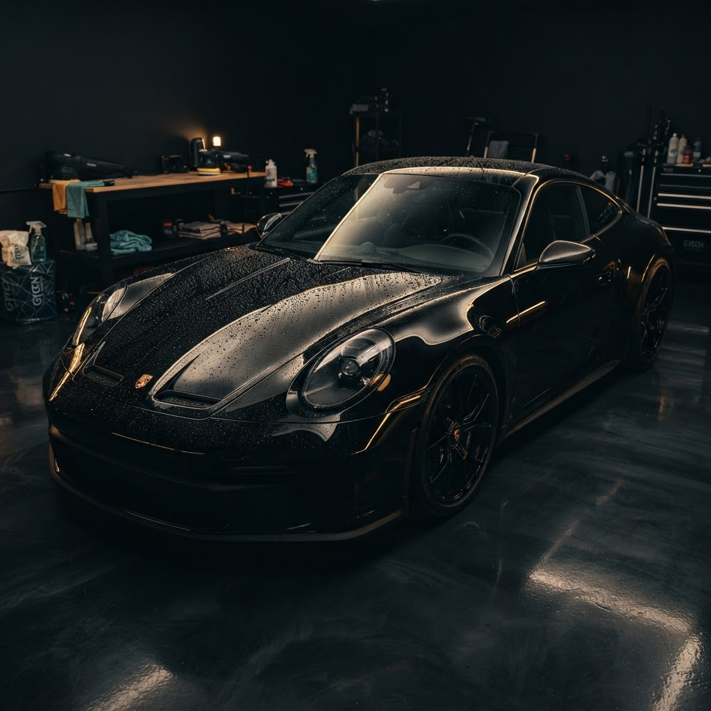 Carro esportivo preto com pintura polida em estúdio de estética automotiva