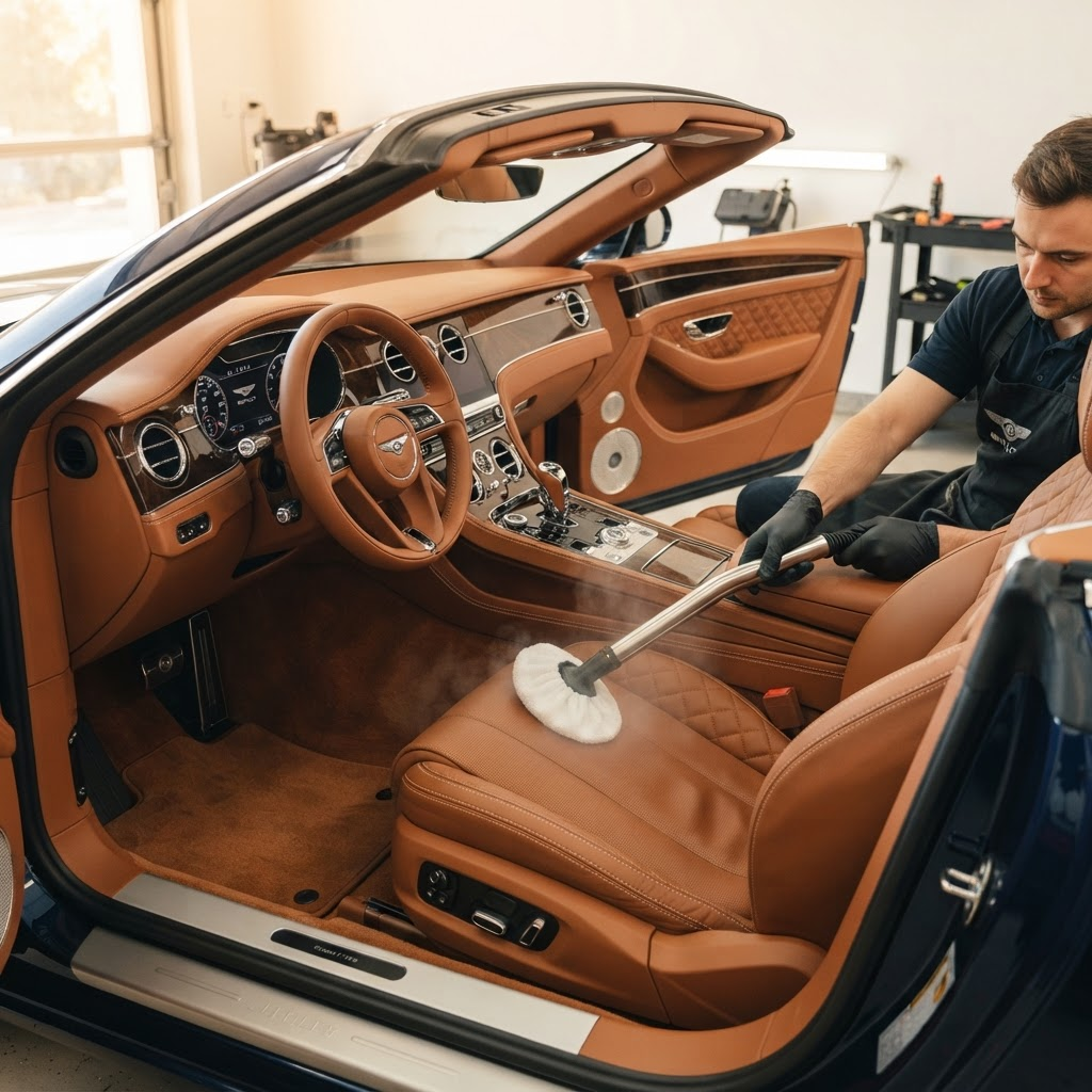 Interior de carro sendo higienizado com vaporizador