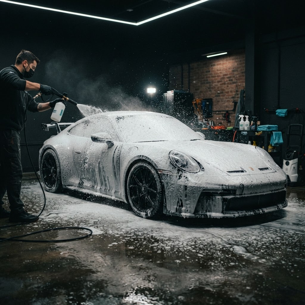 Carro coberto de espuma durante lavagem detalhada profissional